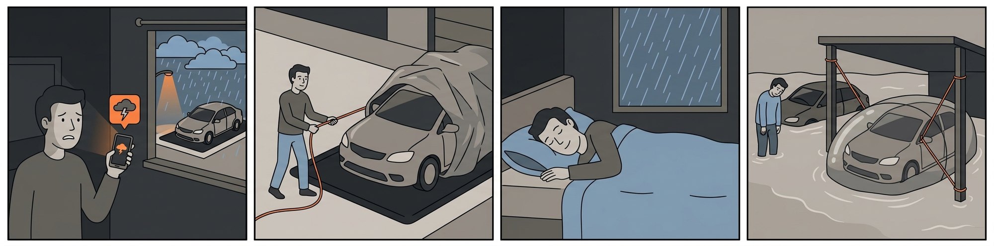 Four panel story: storm warning, pulling the cord, sleeping through the night, floating safely the next morning