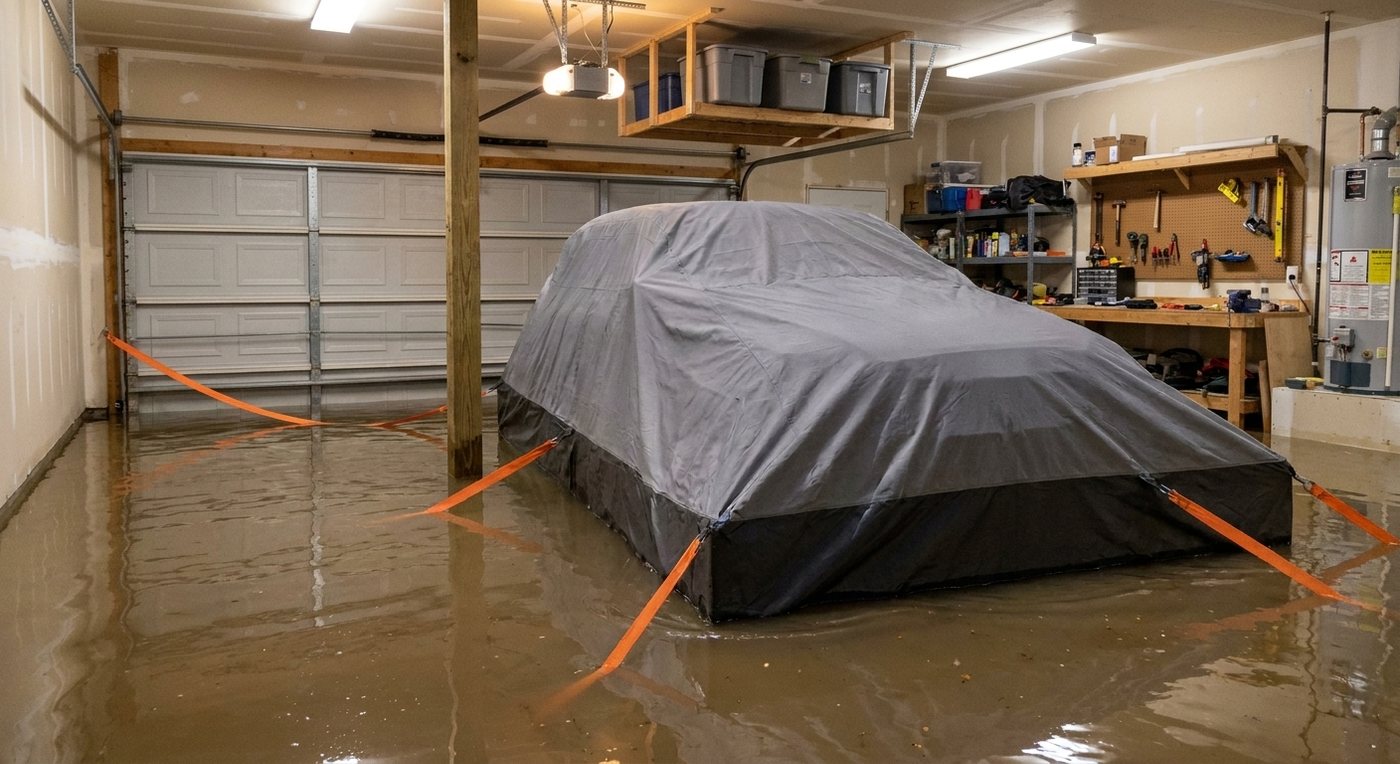 SUV floating inside a CarRaft in a flooded garage