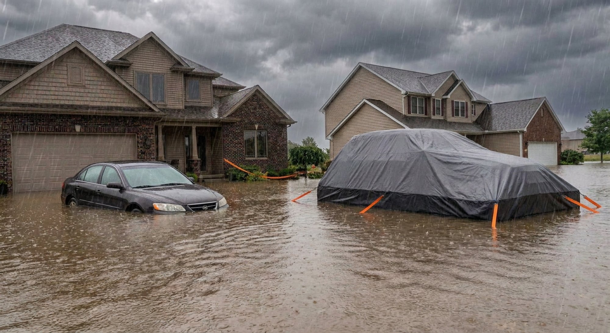 Two houses on the same flooded street: the neighbour's car submerged, the CarRaft-wrapped SUV floating dry