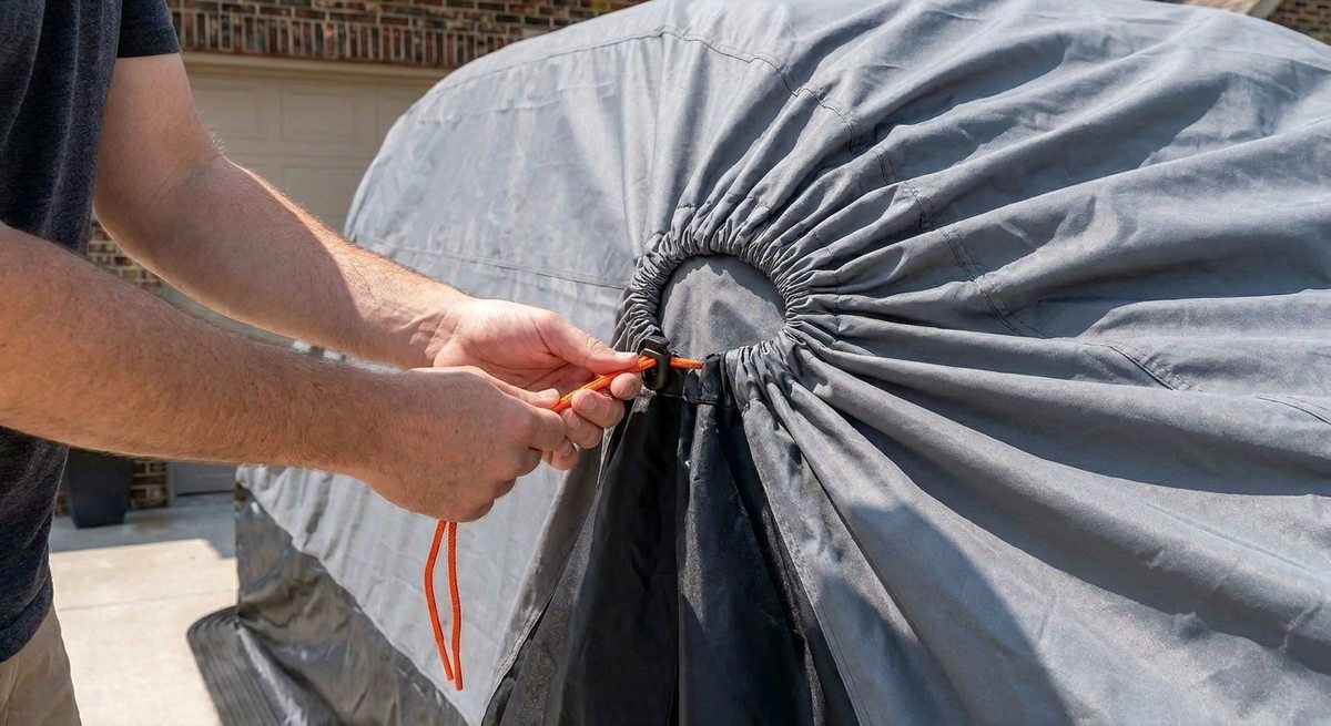 Hands cinching the drawstring tight through the cord lock, fabric gathering into pleats